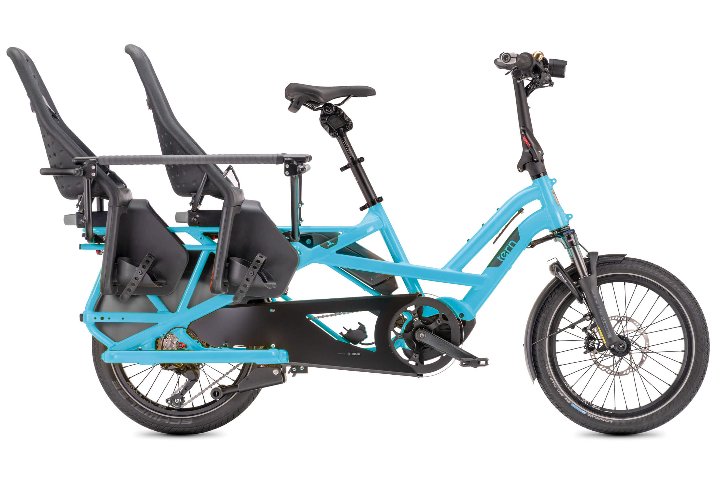 A blue Tern GSD with two Thule Yepp Maxi child seats