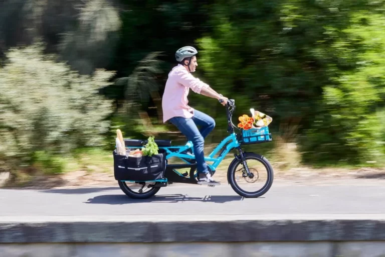 Commuter riding with his groceries on his GSD tern eBike from Lug+Carrie. Available in Melbourne, Sydney and Brisbane.